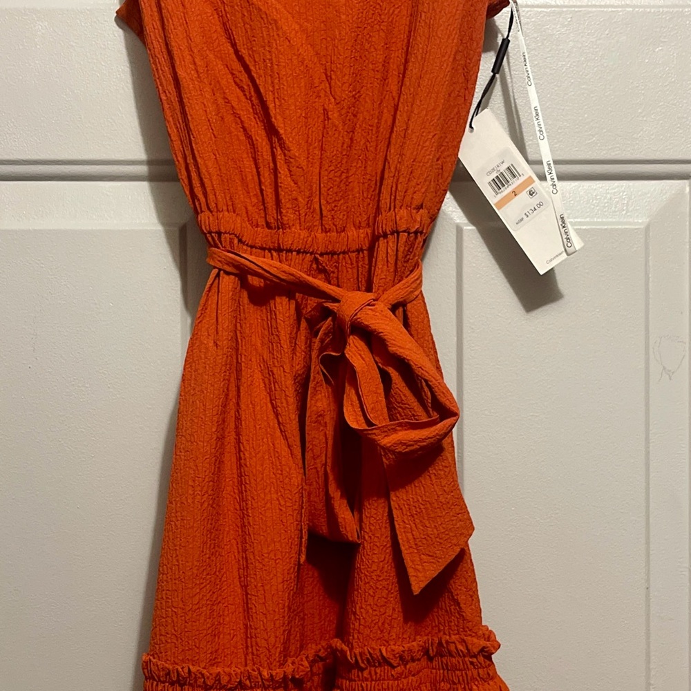 Calvin Klein Orange Dress v neck sleeveless ruffle flare